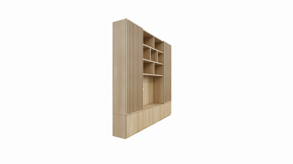 TV-Schrank Pinoso - 260x40x255H cm - Eiche - Paneeltüren - offene Einlegeböden - schlichte Ausführung