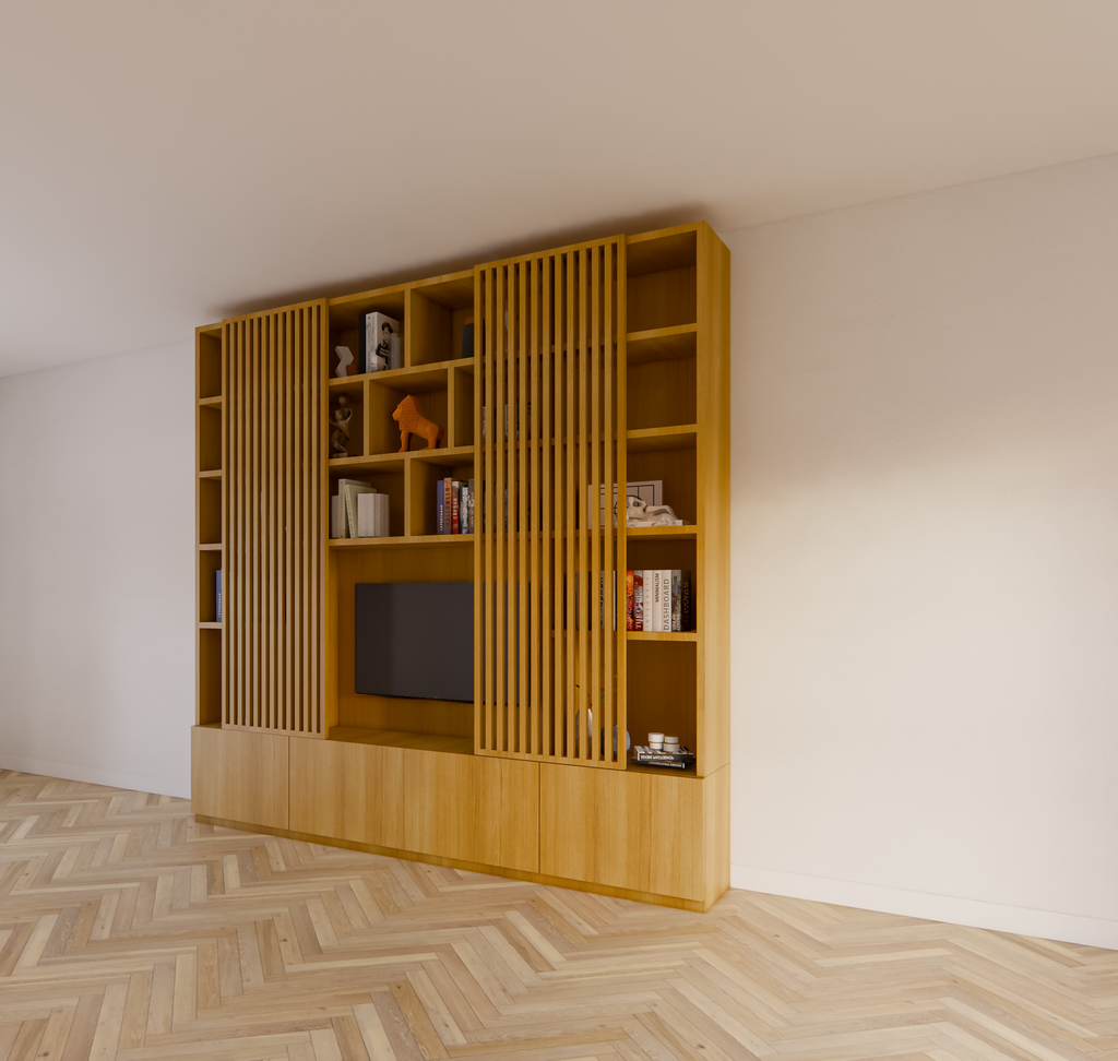 TV-Schrank Pinoso - 260x40x255H cm - Eiche - Paneeltüren - offene Einlegeböden - schlichte Ausführung