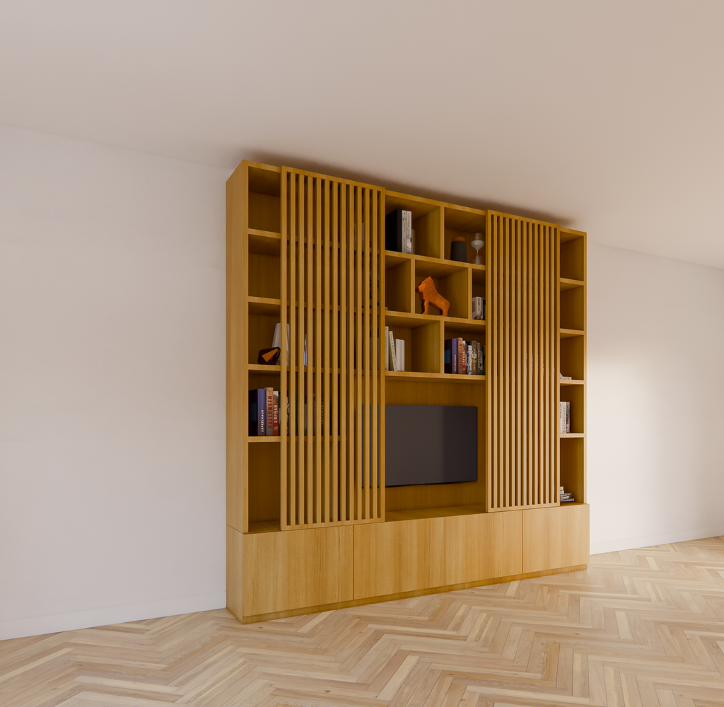 TV-Schrank Pinoso - 260x40x255H cm - Eiche - Paneeltüren - offene Einlegeböden - schlichte Ausführung