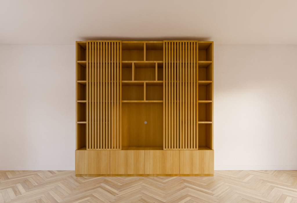 TV-Schrank Pinoso - 260x40x255H cm - Eiche - Paneeltüren - offene Einlegeböden - schlichte Ausführung