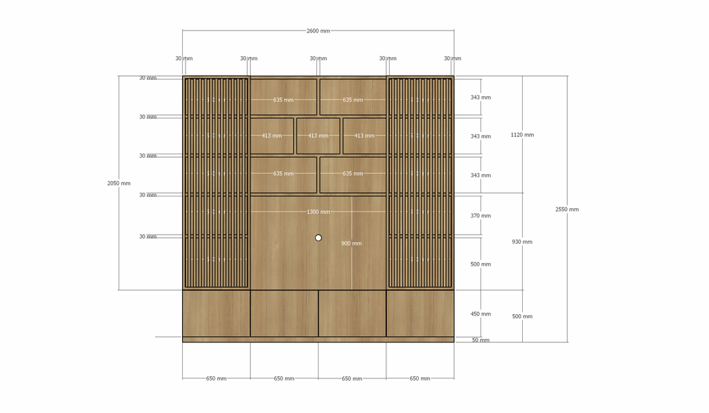 TV-Schrank Pinoso - 260x40x255H cm - Eiche - Paneeltüren - offene Einlegeböden - schlichte Ausführung