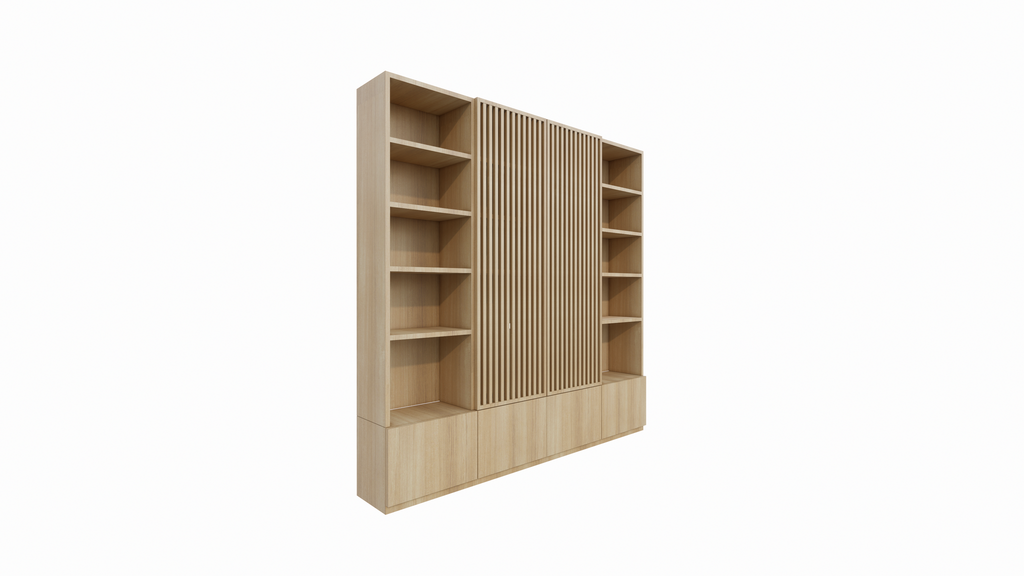 TV-Schrank Pinoso - 260x40x255H cm - Eiche - Paneeltüren - offene Einlegeböden - schlichte Ausführung