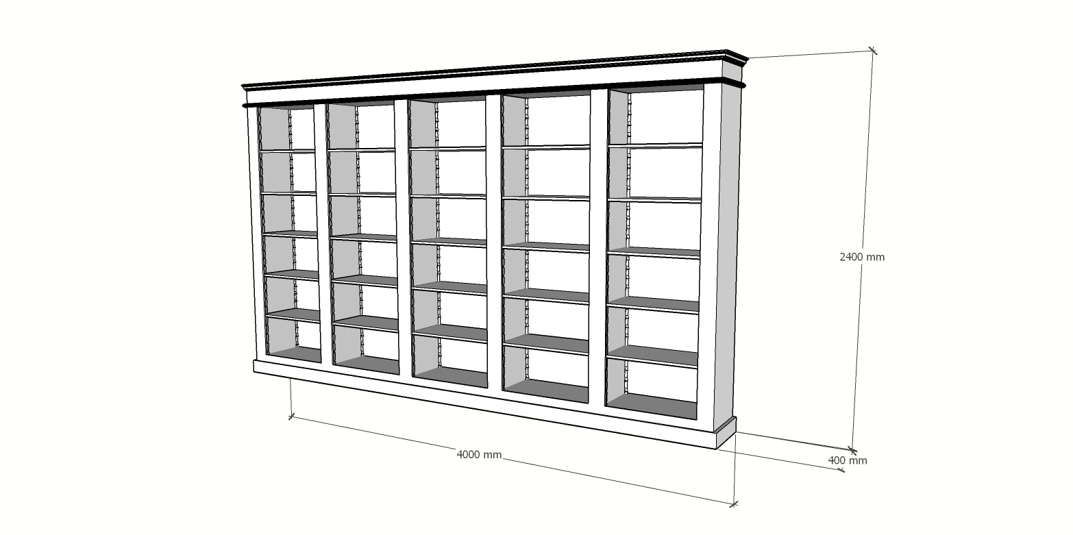 Bücherregal Queens Bibliothek - 400x40x240H cm - 25 verstellbare Einlegeböden - zerlegbar - schlichte Landhausoptik