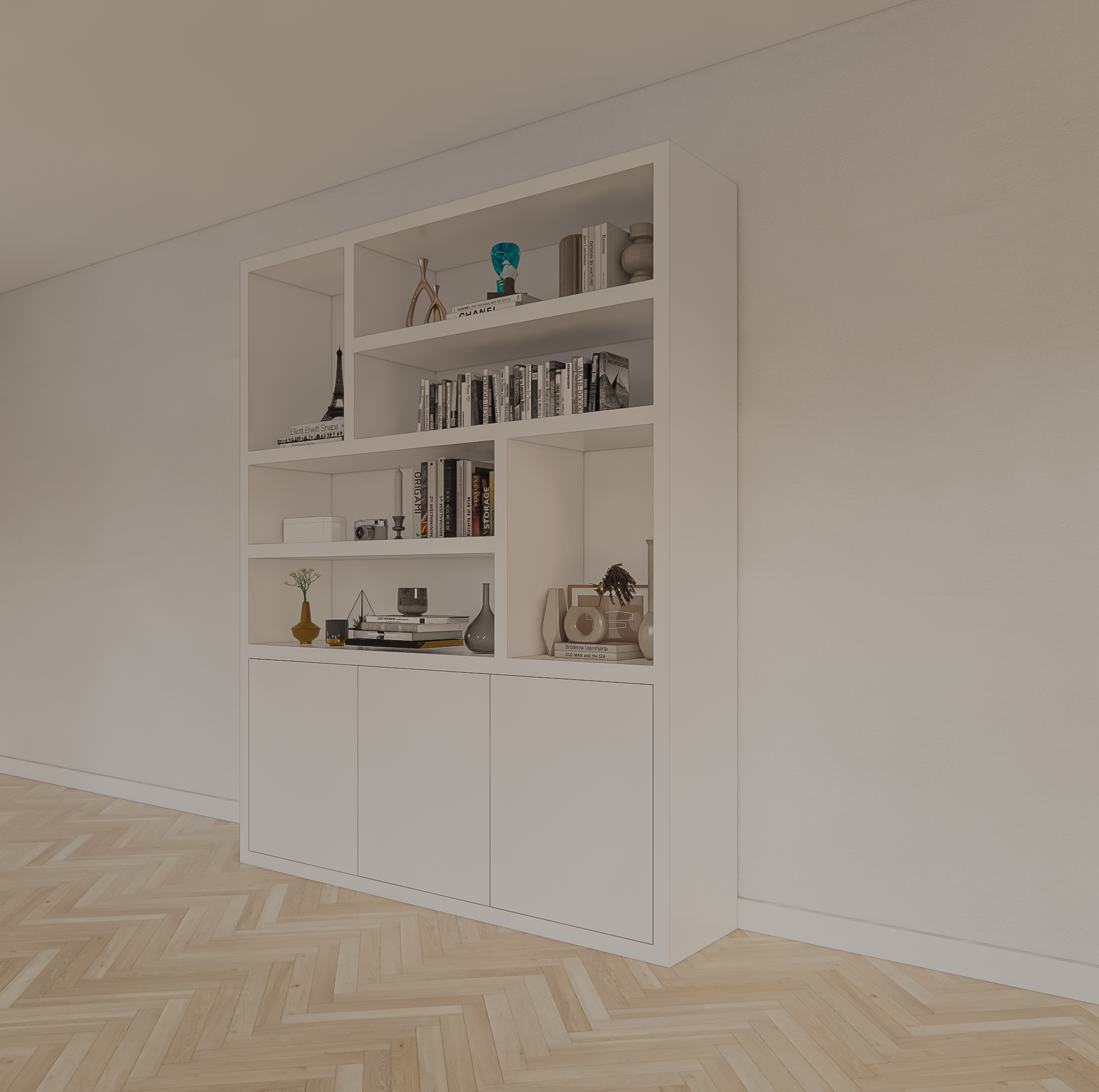 Fächerschrank Japan - 180x40x220H cm - 3 grifflose Push-to-Open-Türen - offener Schrank - Stick-Design - 5cm Fachbodenstärke