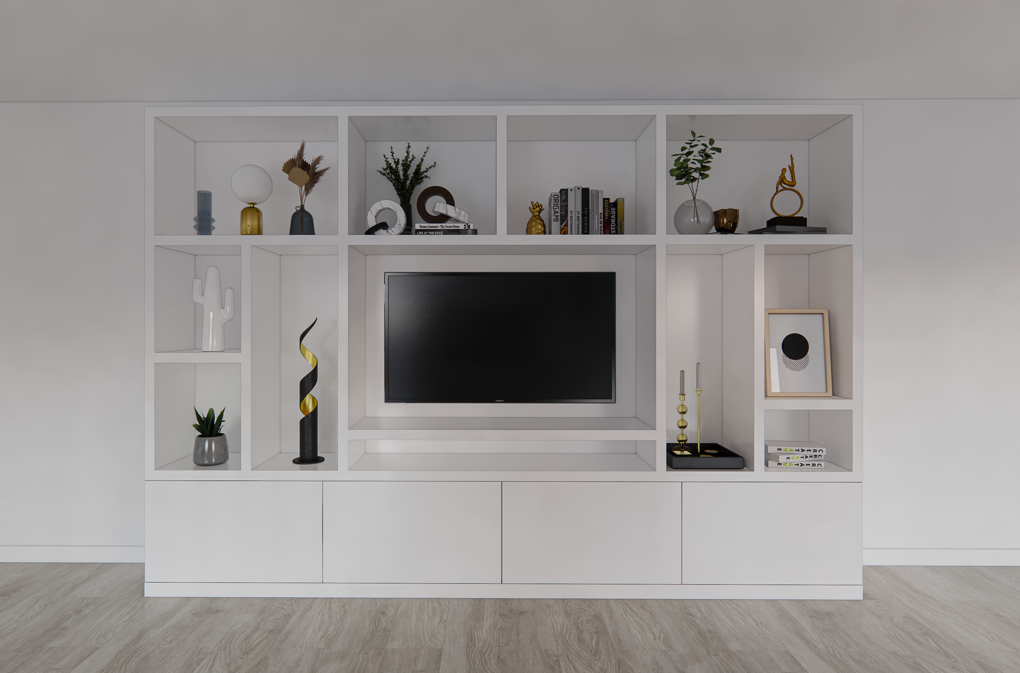 TV-Fachschrank Campos - 350x40x240H cm - TV-Fach - Cinewall - 4 push-to-open Türen - offene Fächer - schlankes Design - 5cm Fachboden- und Rahmenstärke