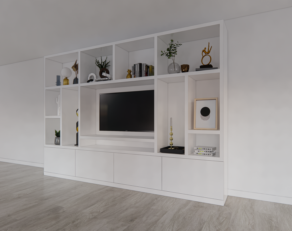 TV-Fachschrank Campos - 350x40x240H cm - TV-Fach - Cinewall - 4 push-to-open Türen - offene Fächer - schlankes Design - 5cm Fachboden- und Rahmenstärke