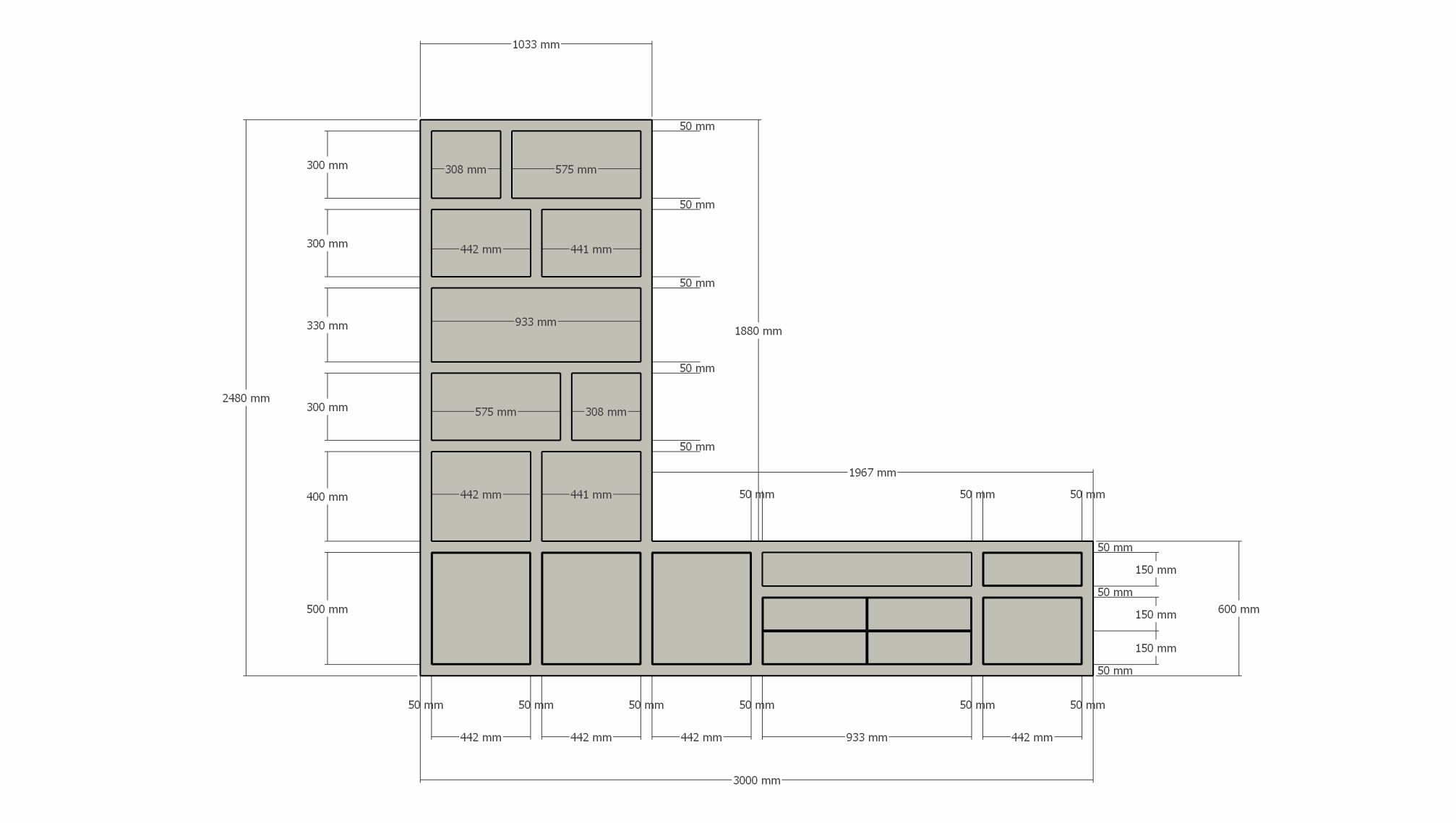 Kommode Rennes - 300x40x240H cm - Schubladen mit Push-to-Open - Türen mit Push-to-Open - offene Einlegeböden - schlichte Ausführung