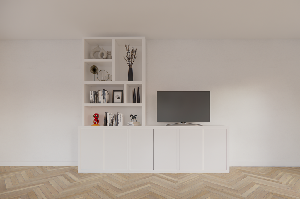 Royan TV-Sideboard - 275x30/45x255H cm - 6 Push-to-open-Türen - Facheinteilung - schlichte Ausführung