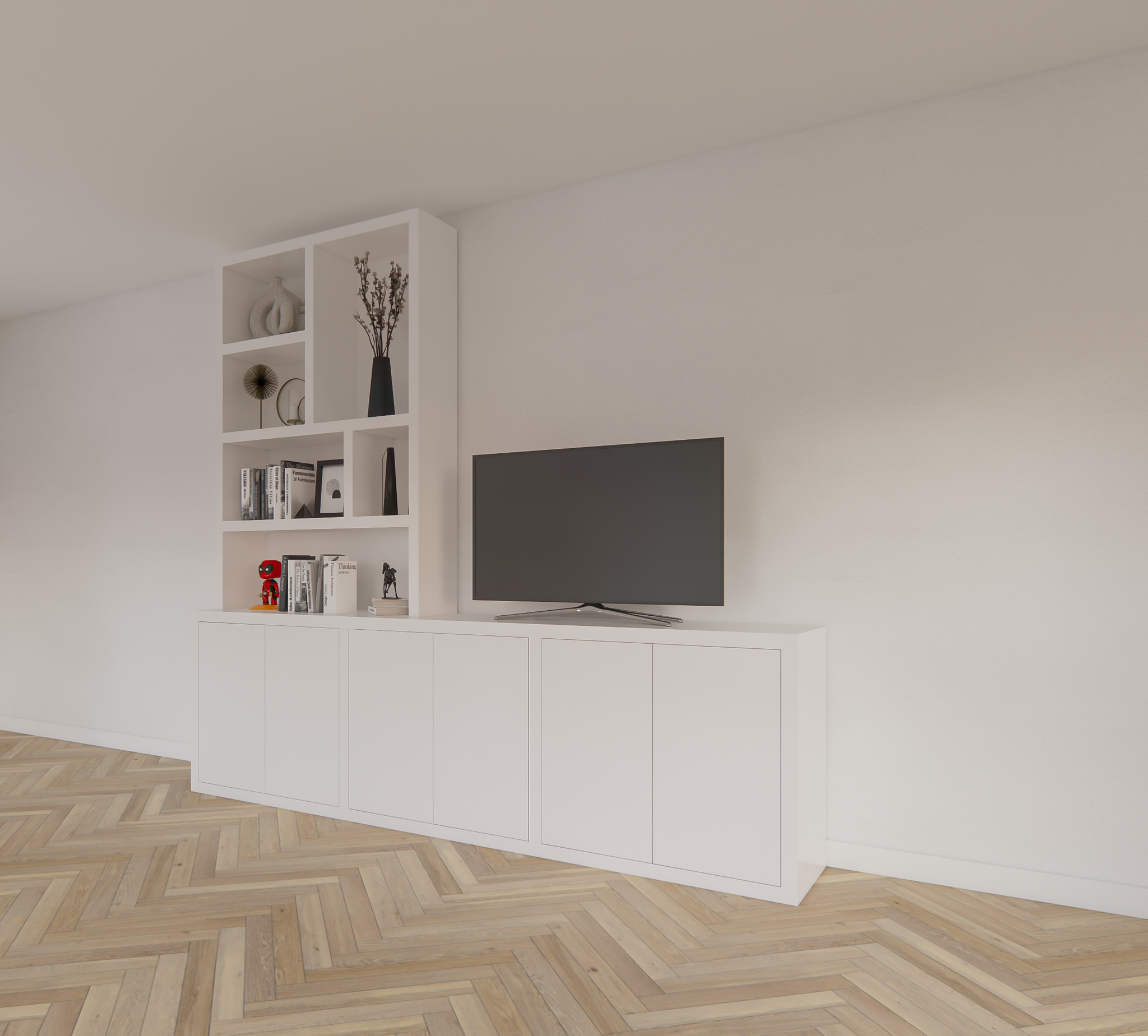 Royan TV-Sideboard - 275x30/45x255H cm - 6 Push-to-open-Türen - Facheinteilung - schlichte Ausführung