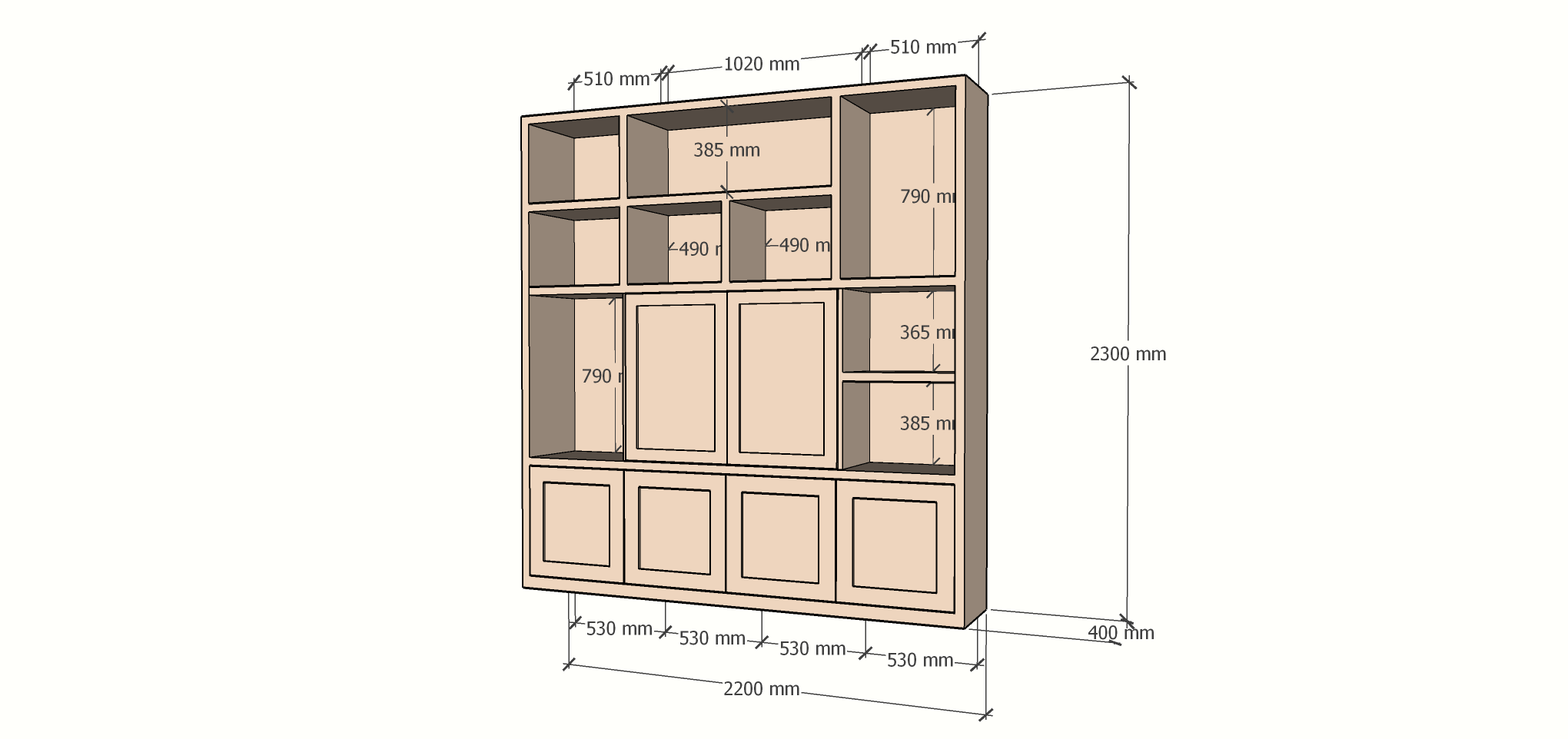 Lagerschrank Salvador - 220x40x230H cm - offene Fachböden - 6 aufschiebbare Türen - Fachböden hinter den Türen