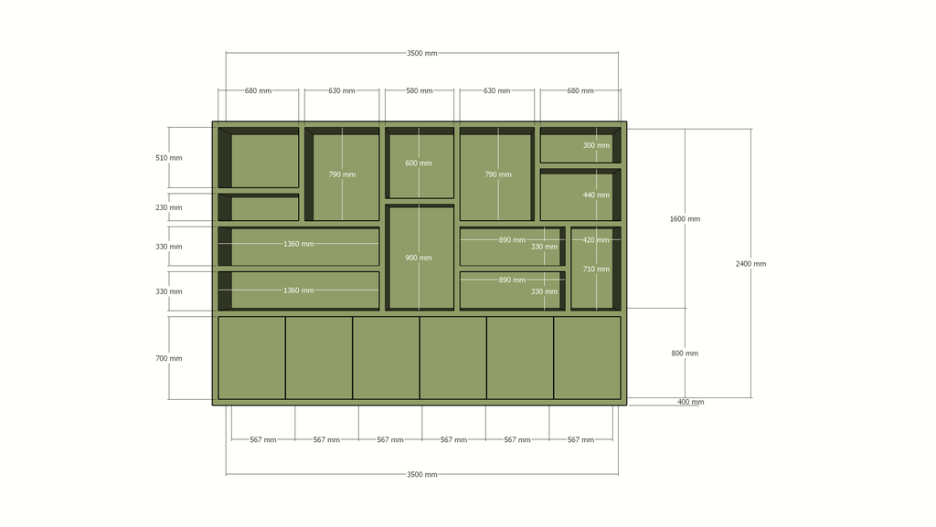 Sapporro Fächerschrank - 350x40x240H cm - 5cm Fachbodenstärke - 6 push-to-open Türen