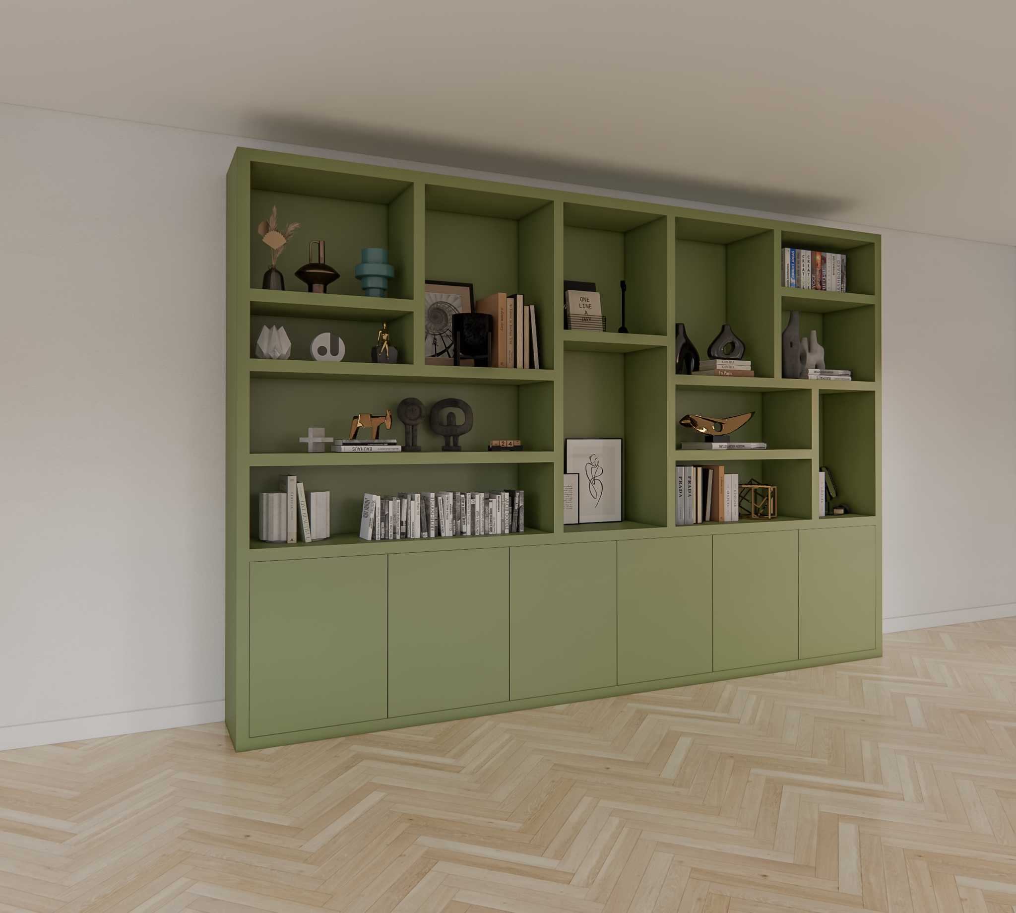 Sapporro Fächerschrank - 350x40x240H cm - 5cm Fachbodenstärke - 6 push-to-open Türen