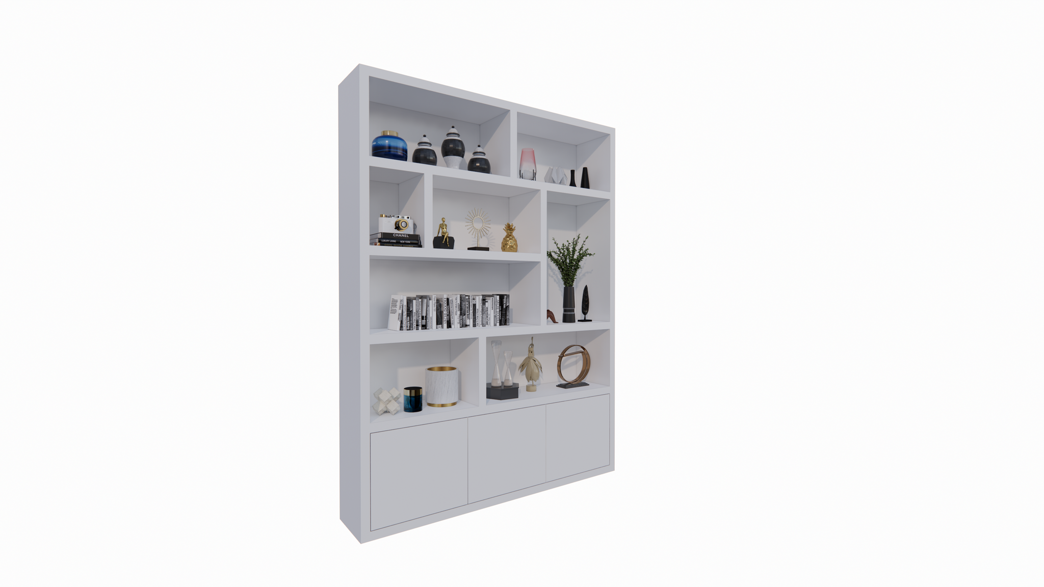 Siesta-Fachschrank - 180x35x240H cm - 3 Push-to-open-Türen - 8 offene Fächer - 5cm Fachbodenstärke