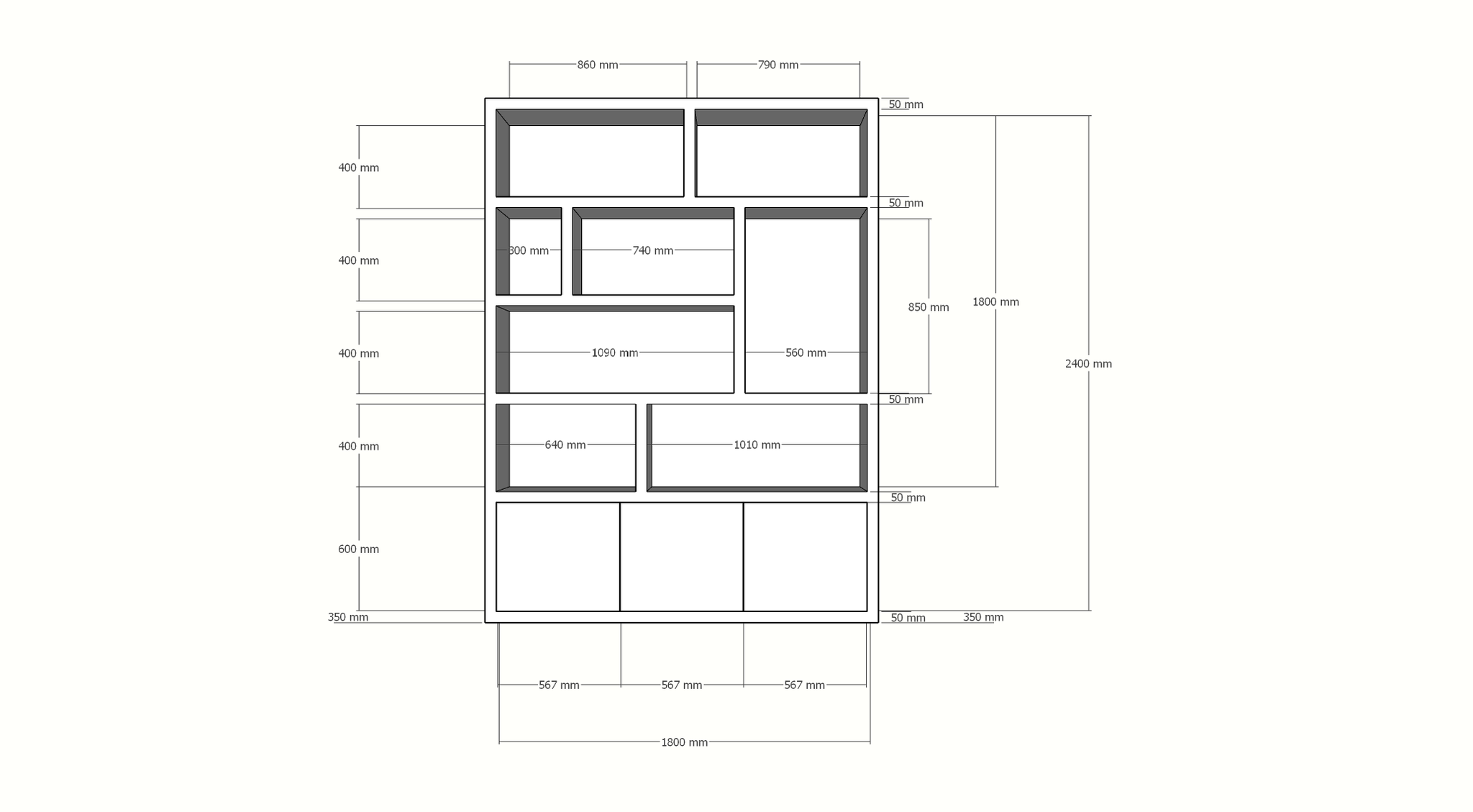 Siesta-Fachschrank - 180x35x240H cm - 3 Push-to-open-Türen - 8 offene Fächer - 5cm Fachbodenstärke