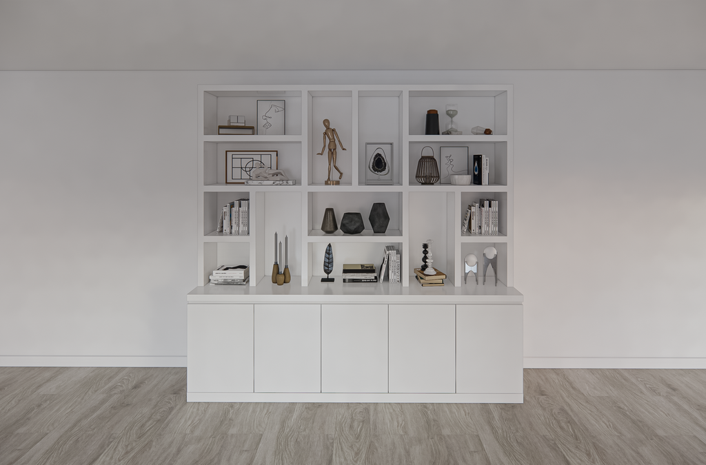 Sineu Fächerschrank - 250x30/50x240H cm - flacher Oberschrank - schlankes Design - 5 grifflose Türen - offene Fächer - 5cm Fachbodenstärke