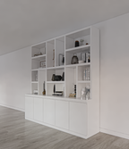 Sineu Fächerschrank - 250x30/50x240H cm - flacher Oberschrank - schlankes Design - 5 grifflose Türen - offene Fächer - 5cm Fachbodenstärke