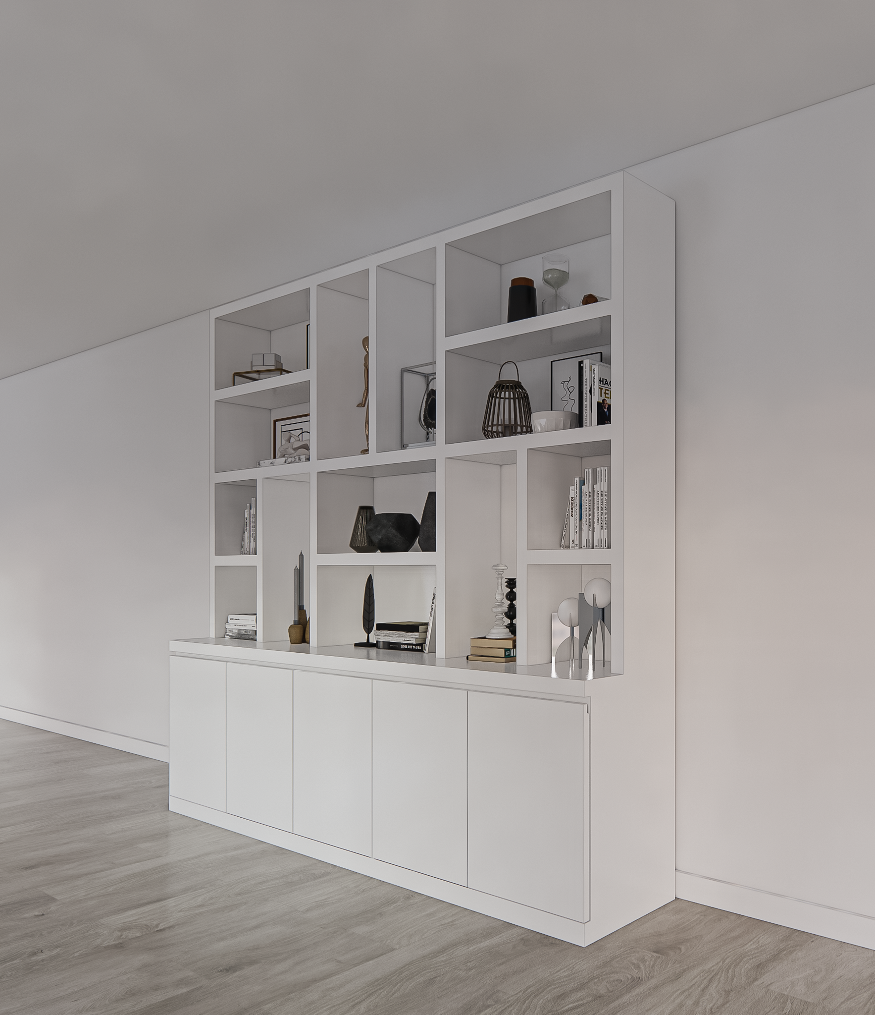 Sineu Fächerschrank - 250x30/50x240H cm - flacher Oberschrank - schlankes Design - 5 grifflose Türen - offene Fächer - 5cm Fachbodenstärke
