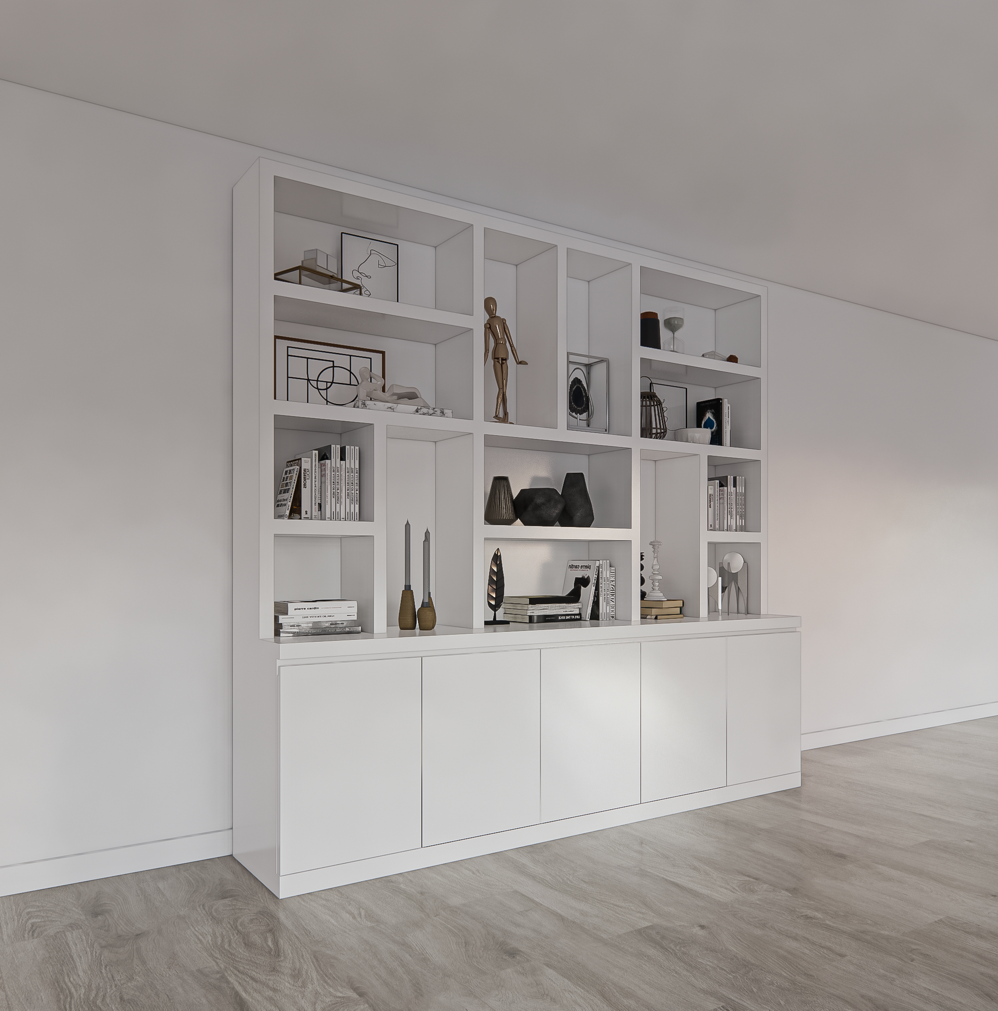 Sineu Fächerschrank - 250x30/50x240H cm - flacher Oberschrank - schlankes Design - 5 grifflose Türen - offene Fächer - 5cm Fachbodenstärke