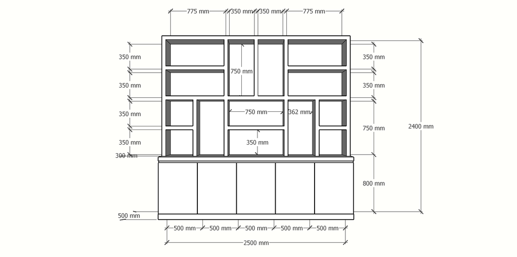Sineu Fächerschrank - 250x30/50x240H cm - flacher Oberschrank - schlankes Design - 5 grifflose Türen - offene Fächer - 5cm Fachbodenstärke