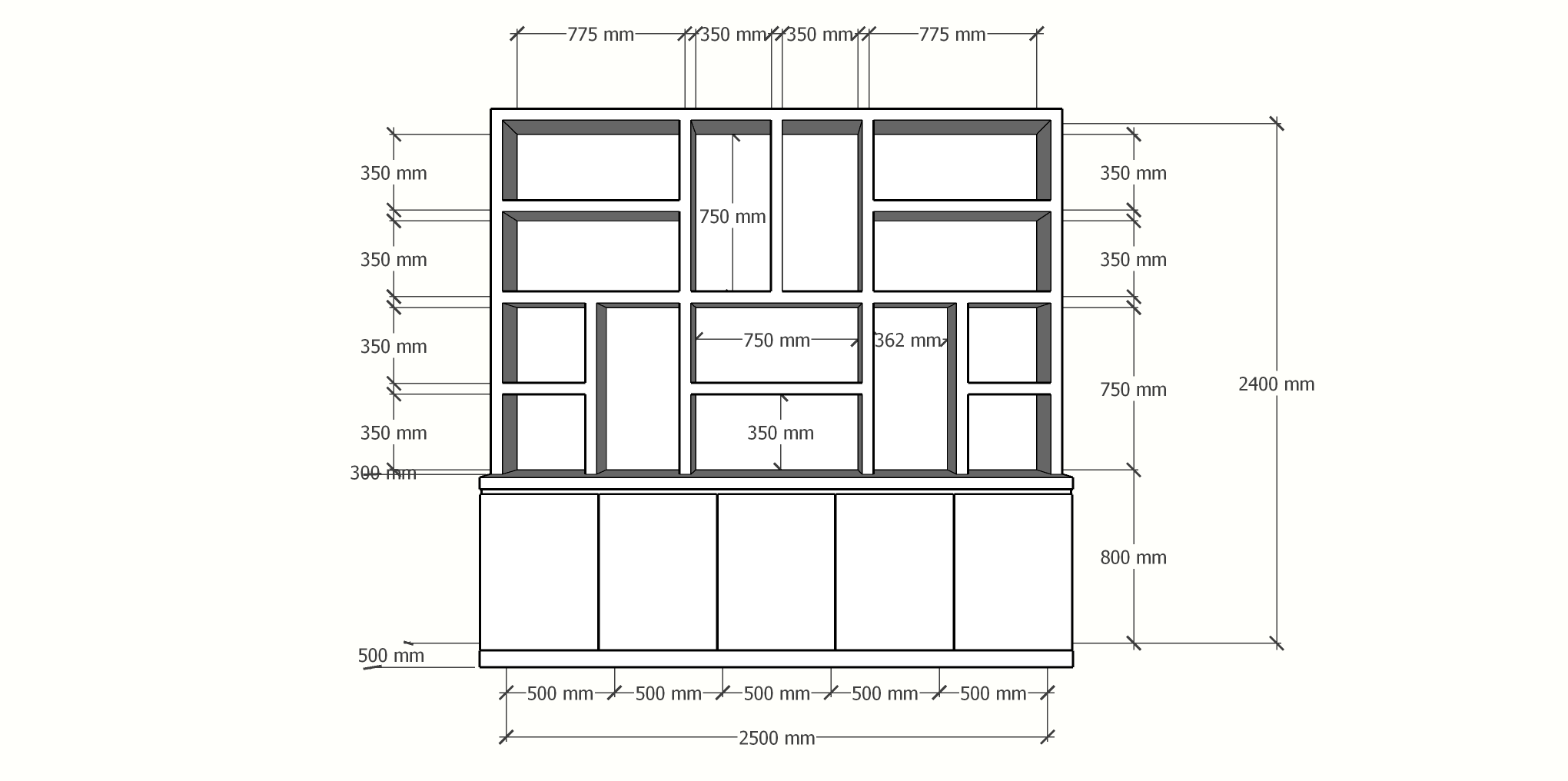 Sineu Fächerschrank - 250x30/50x240H cm - flacher Oberschrank - schlankes Design - 5 grifflose Türen - offene Fächer - 5cm Fachbodenstärke