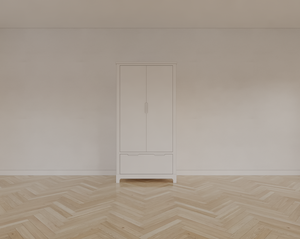 Kinderkleiderschrank Slawi - 90x50x180H cm - auf Beinen - 2 Flügeltüren - verstellbare Einlegeböden und Hängeteil - 1 Soft-Close-Schublade