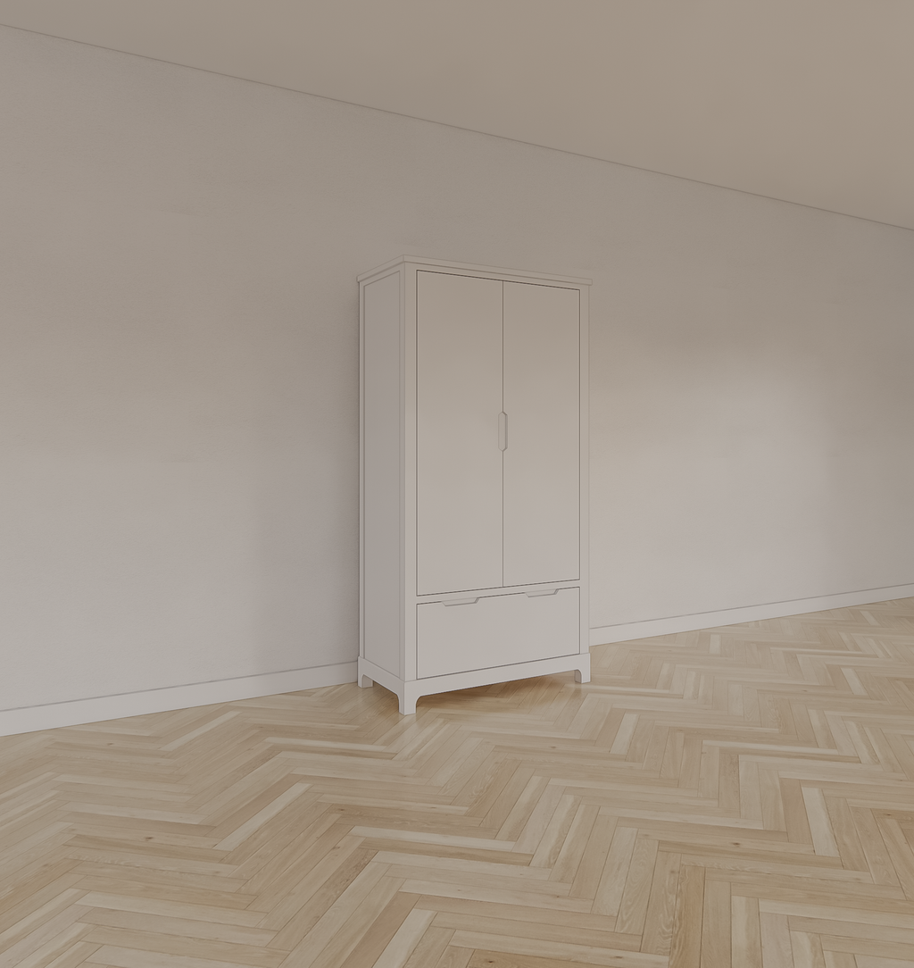 Kinderkleiderschrank Slawi - 90x50x180H cm - auf Beinen - 2 Flügeltüren - verstellbare Einlegeböden und Hängeteil - 1 Soft-Close-Schublade