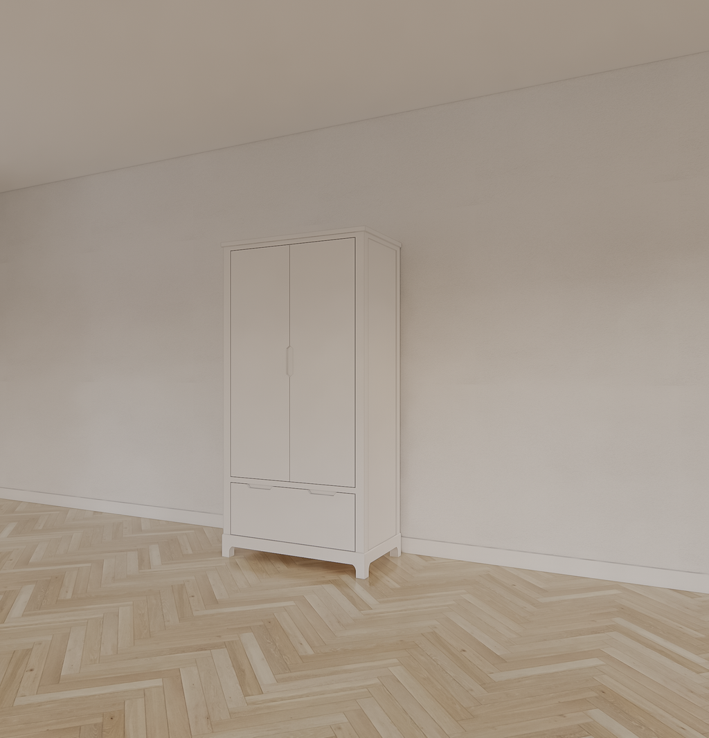Kinderkleiderschrank Slawi - 90x50x180H cm - auf Beinen - 2 Flügeltüren - verstellbare Einlegeböden und Hängeteil - 1 Soft-Close-Schublade