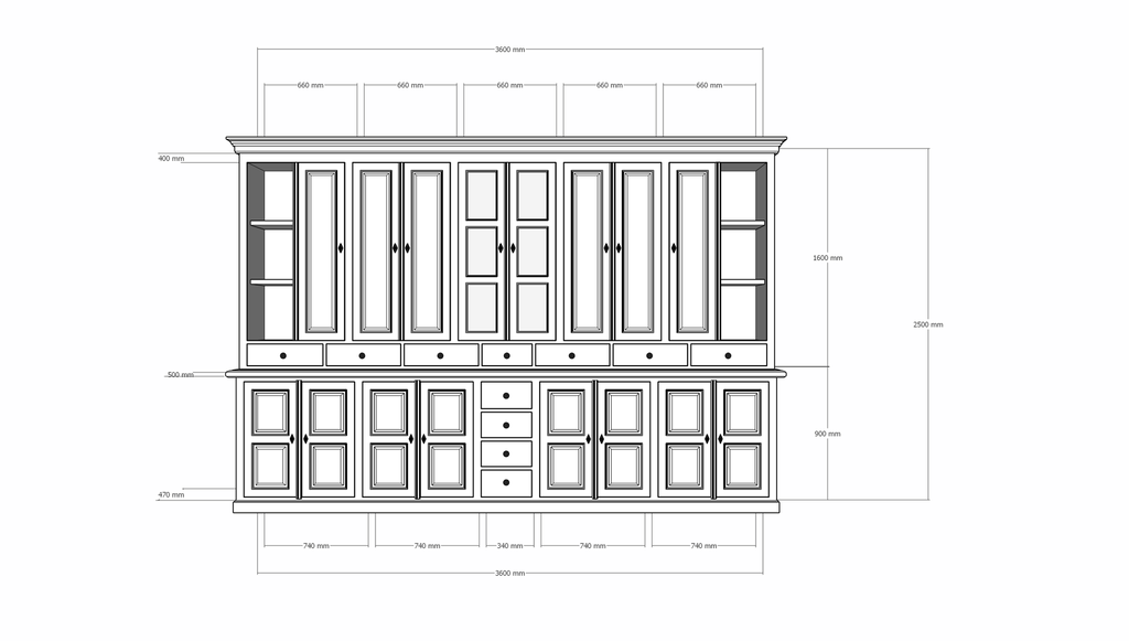 Buffetschrank Sligo - 360x50x250H cm - geschlossene Türen - Glastüren - offene Regale