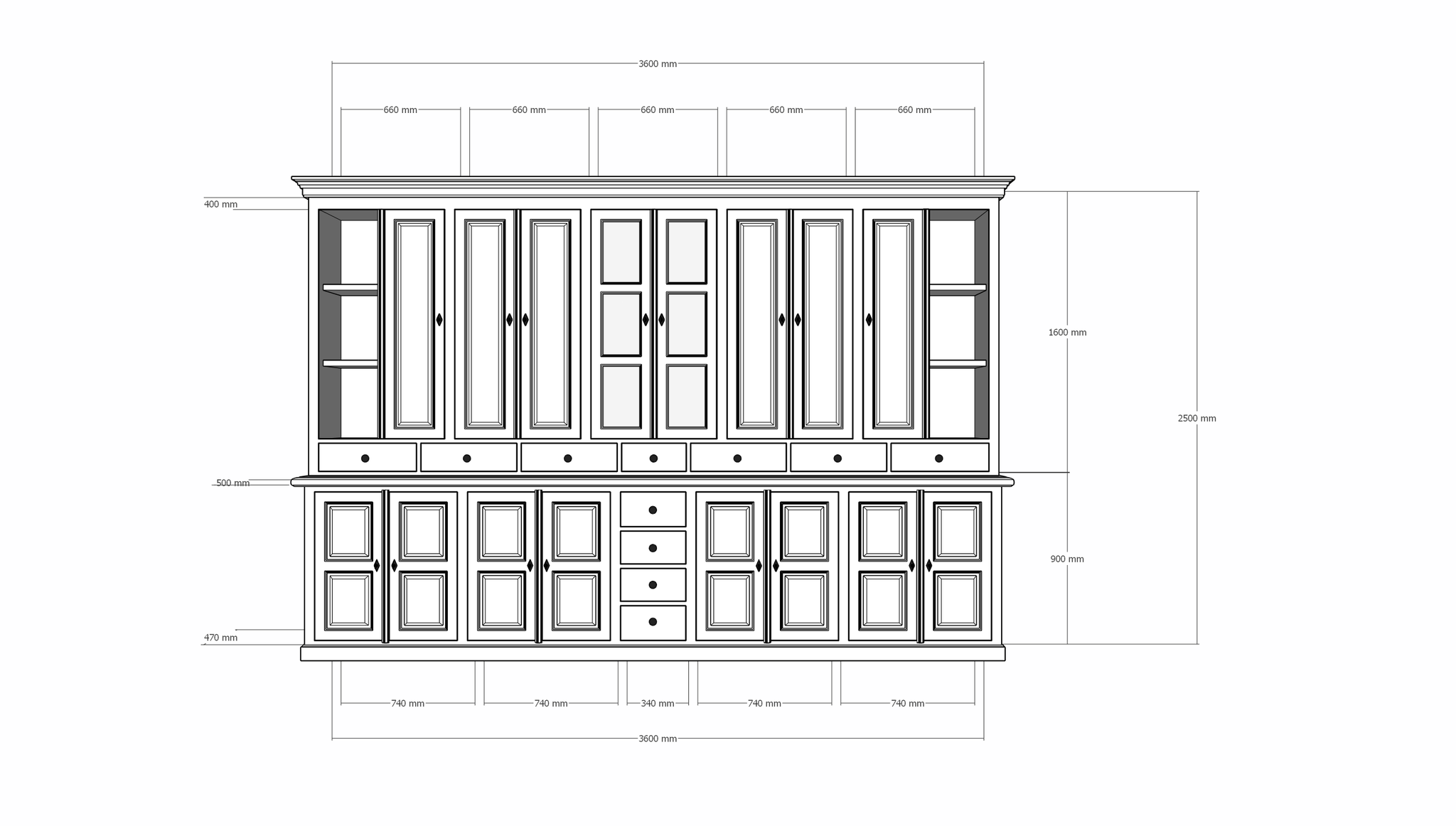 Buffetschrank Sligo - 360x50x250H cm - geschlossene Türen - Glastüren - offene Regale