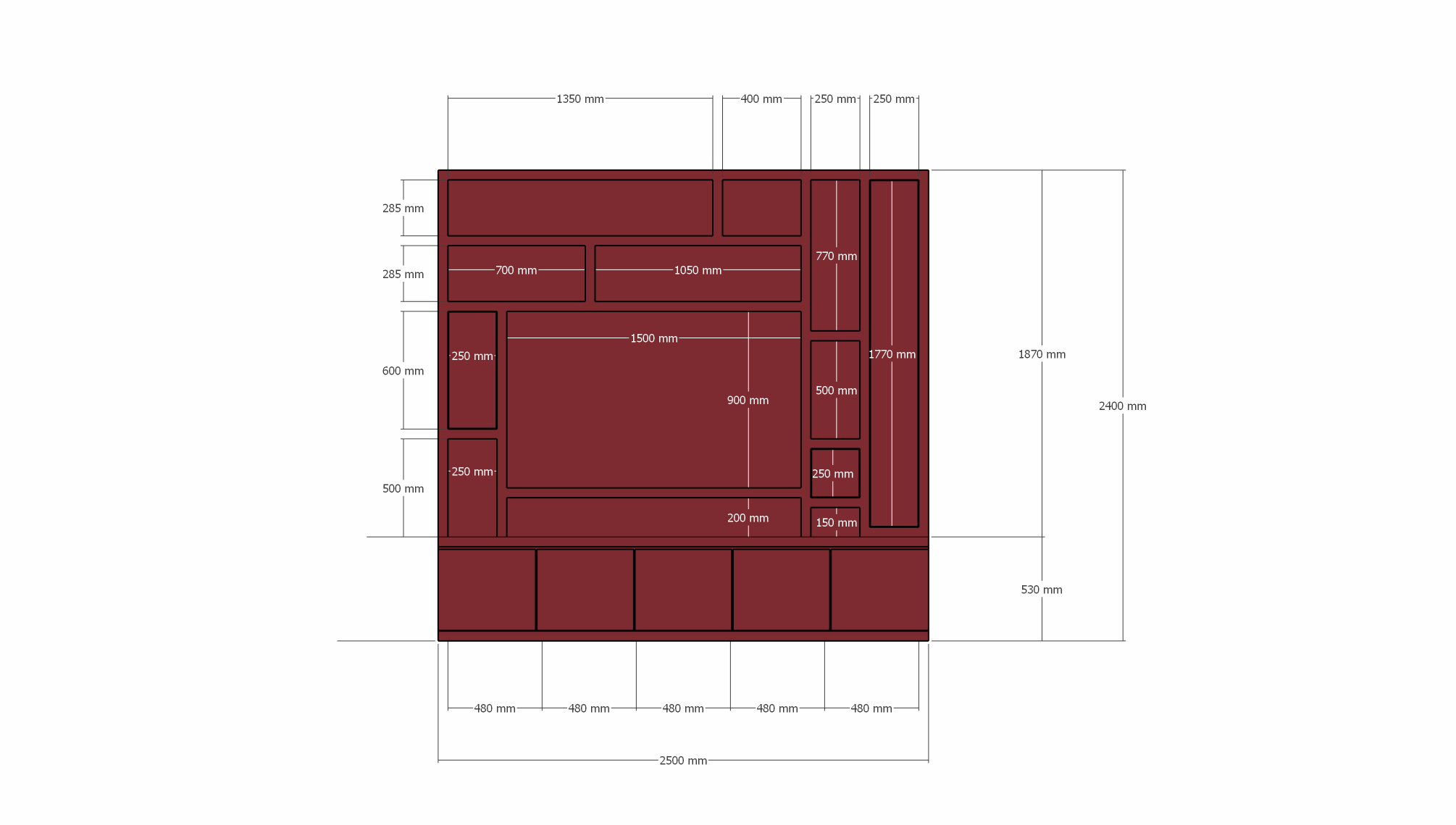 Fächerschrank Soria - 250x30/40x240H cm - Push-to-open-Türen