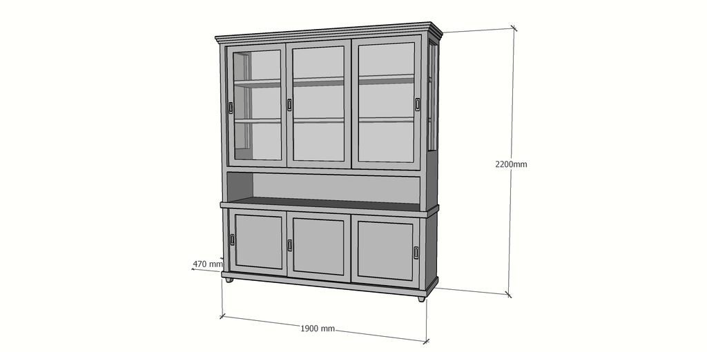 Buffetschrank Tavira - 190x47x220H cm - Schiebetüren - teilweise Glas - offenes Fach - auf Beinen