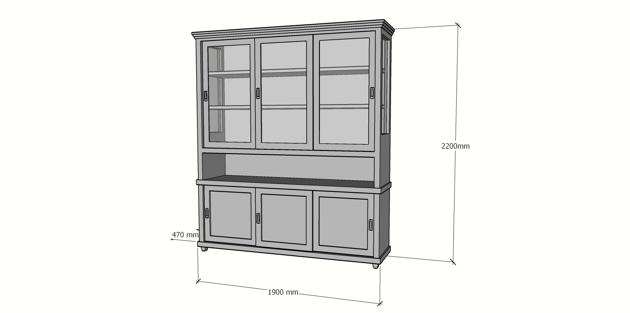 Buffetschrank Tavira - 190x47x220H cm - Schiebetüren - teilweise Glas - offenes Fach - auf Beinen