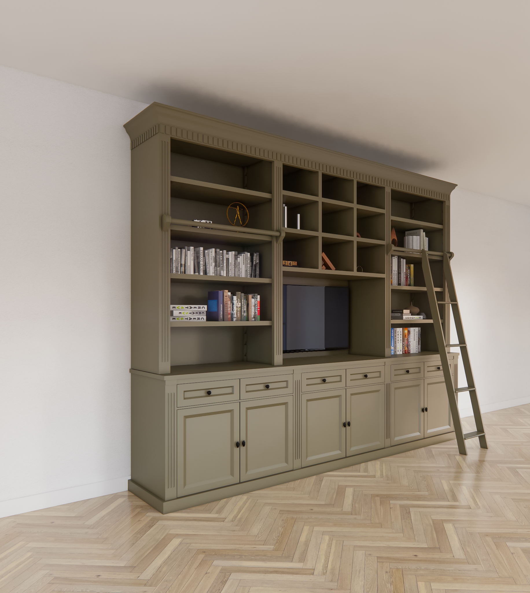 TV Bücherregal Die Kronenbibliothek - 290x46/55x240H cm - TV-Fach - Landhausstil