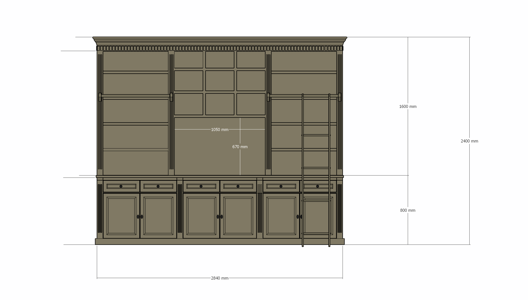 TV Bücherregal Die Kronenbibliothek - 290x46/55x240H cm - TV-Fach - Landhausstil
