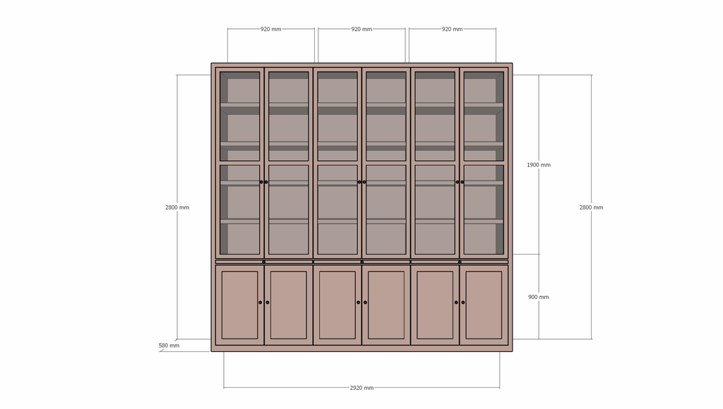 Vitrine Theo-Bert - 292x58x280H cm - Flügeltüren - ausziehbare Fachböden