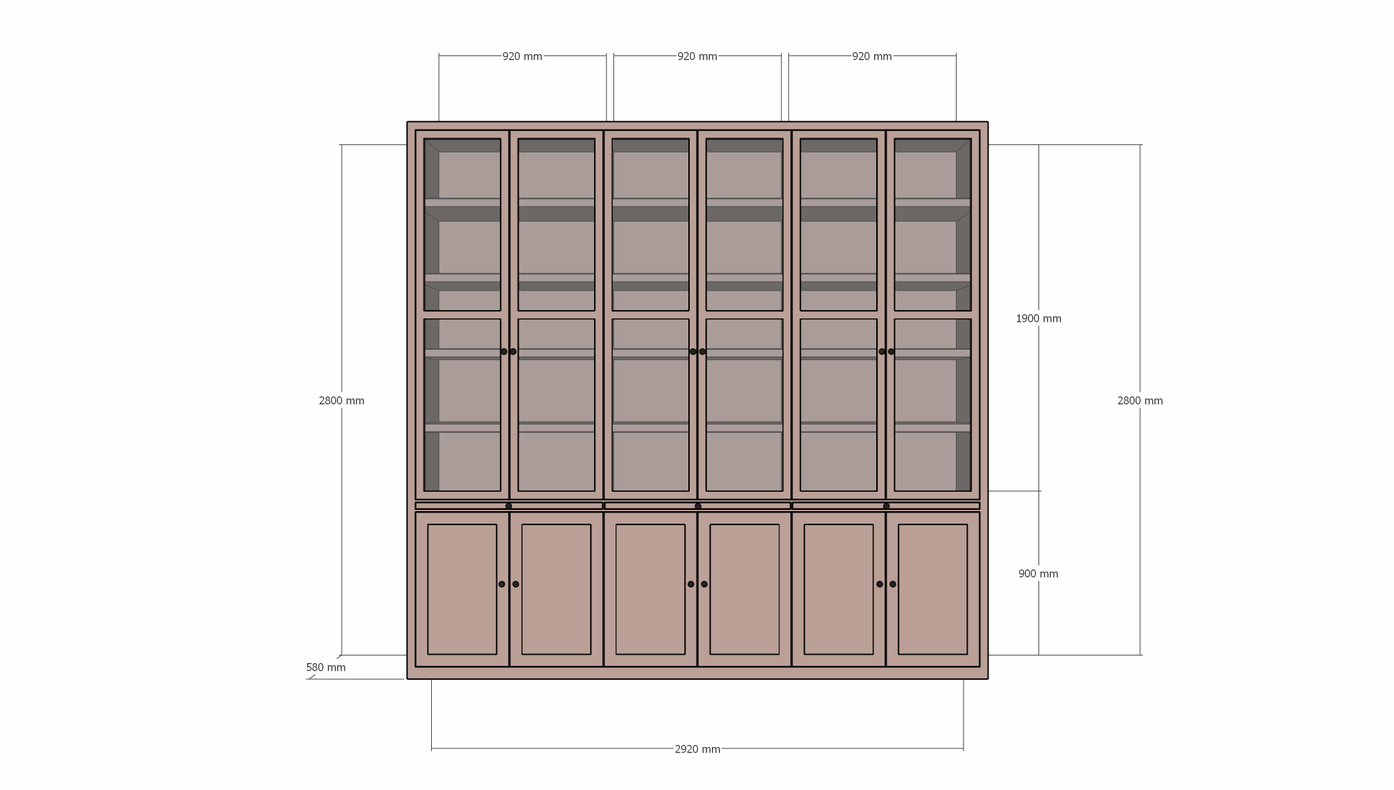 Vitrine Theo-Bert - 292x58x280H cm - Flügeltüren - ausziehbare Fachböden