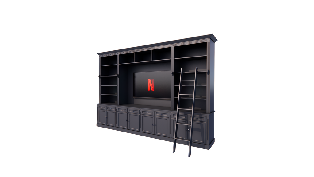 Bücherregal Französische Bibliothek - 400x46/55x240H cm - zerlegbar - mit Stange und Leiter - verstellbare Einlegeböden - oberer Boden flacher als unterer Boden - Landhausstil - mit TV-Fach / Kinowand