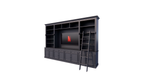 Bücherregal Französische Bibliothek - 400x46/55x240H cm - zerlegbar - mit Stange und Leiter - verstellbare Einlegeböden - oberer Boden flacher als unterer Boden - Landhausstil - mit TV-Fach / Kinowand
