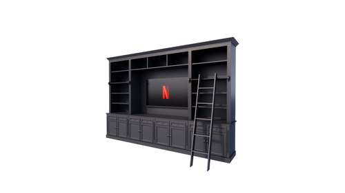 Bücherregal Französische Bibliothek - 400x46/55x240H cm - zerlegbar - mit Stange und Leiter - verstellbare Einlegeböden - oberer Boden flacher als unterer Boden - Landhausstil - mit TV-Fach / Kinowand
