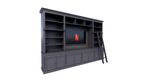 Bücherregal Französische Bibliothek - 400x46/55x240H cm - zerlegbar - mit Stange und Leiter - verstellbare Einlegeböden - oberer Boden flacher als unterer Boden - Landhausstil - mit TV-Fach / Kinowand