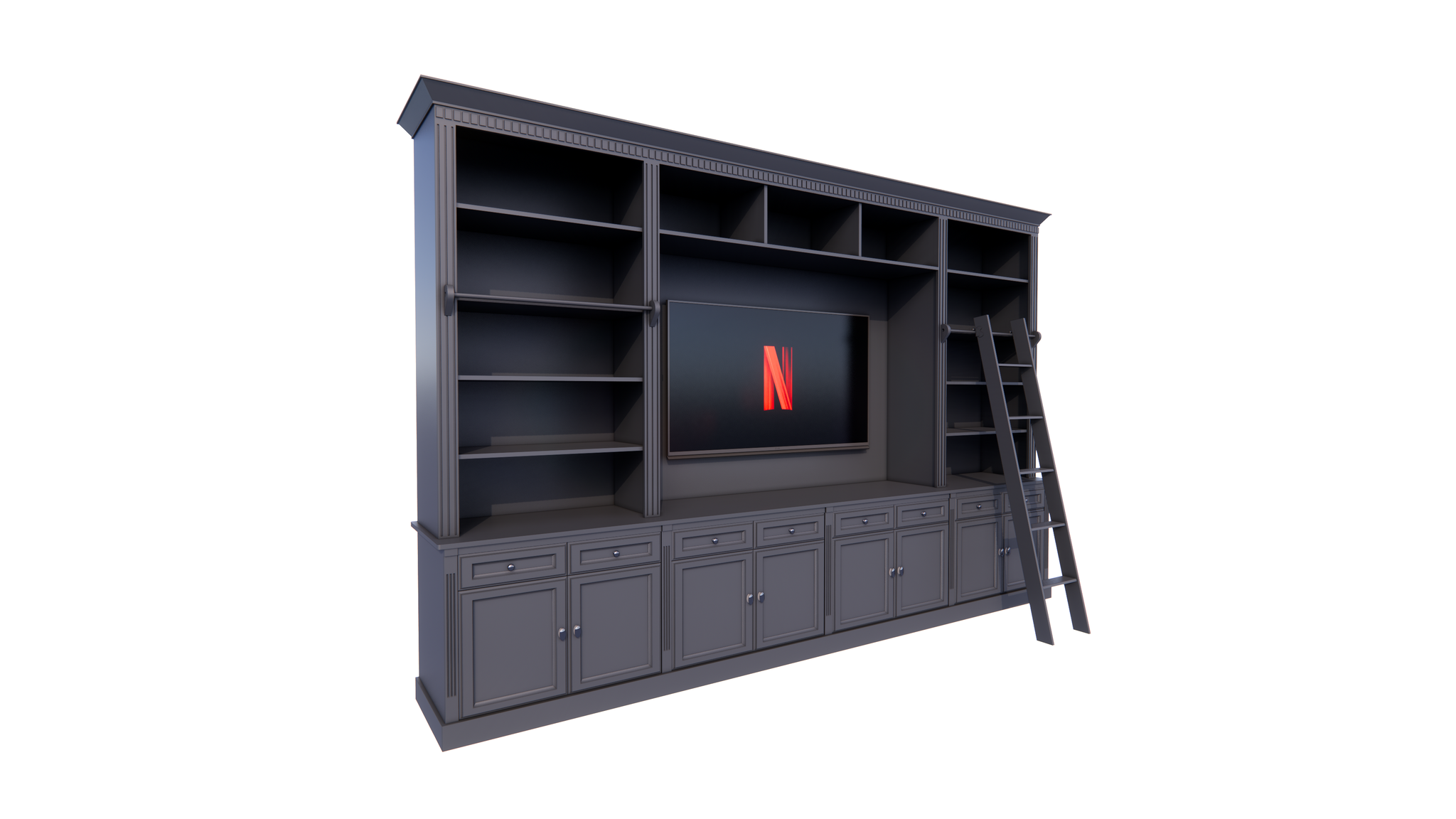 Bücherregal Französische Bibliothek - 400x46/55x240H cm - zerlegbar - mit Stange und Leiter - verstellbare Einlegeböden - oberer Boden flacher als unterer Boden - Landhausstil - mit TV-Fach / Kinowand