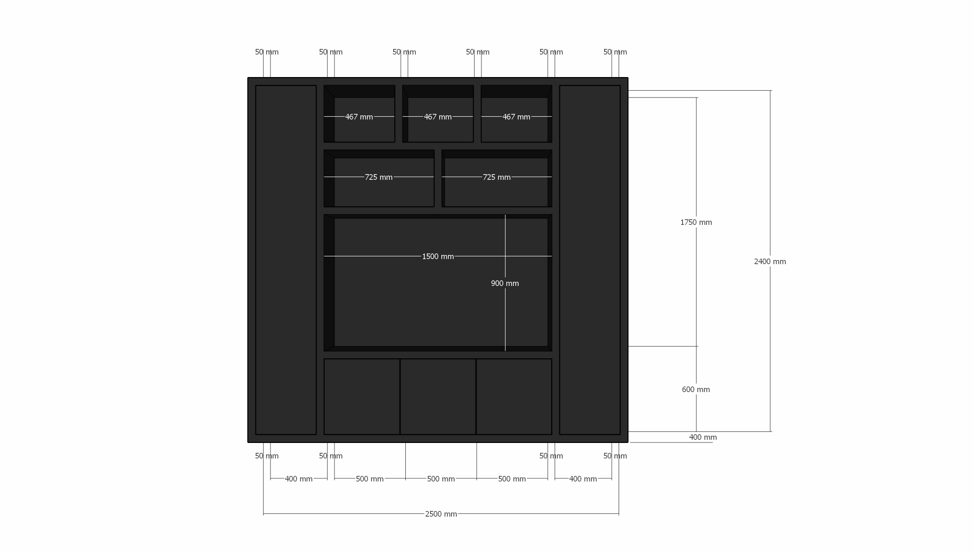 Eckschrank Austin - 250x40x240H cm - offene Einlegeböden - Push-to-open-Türen - schlankes Design