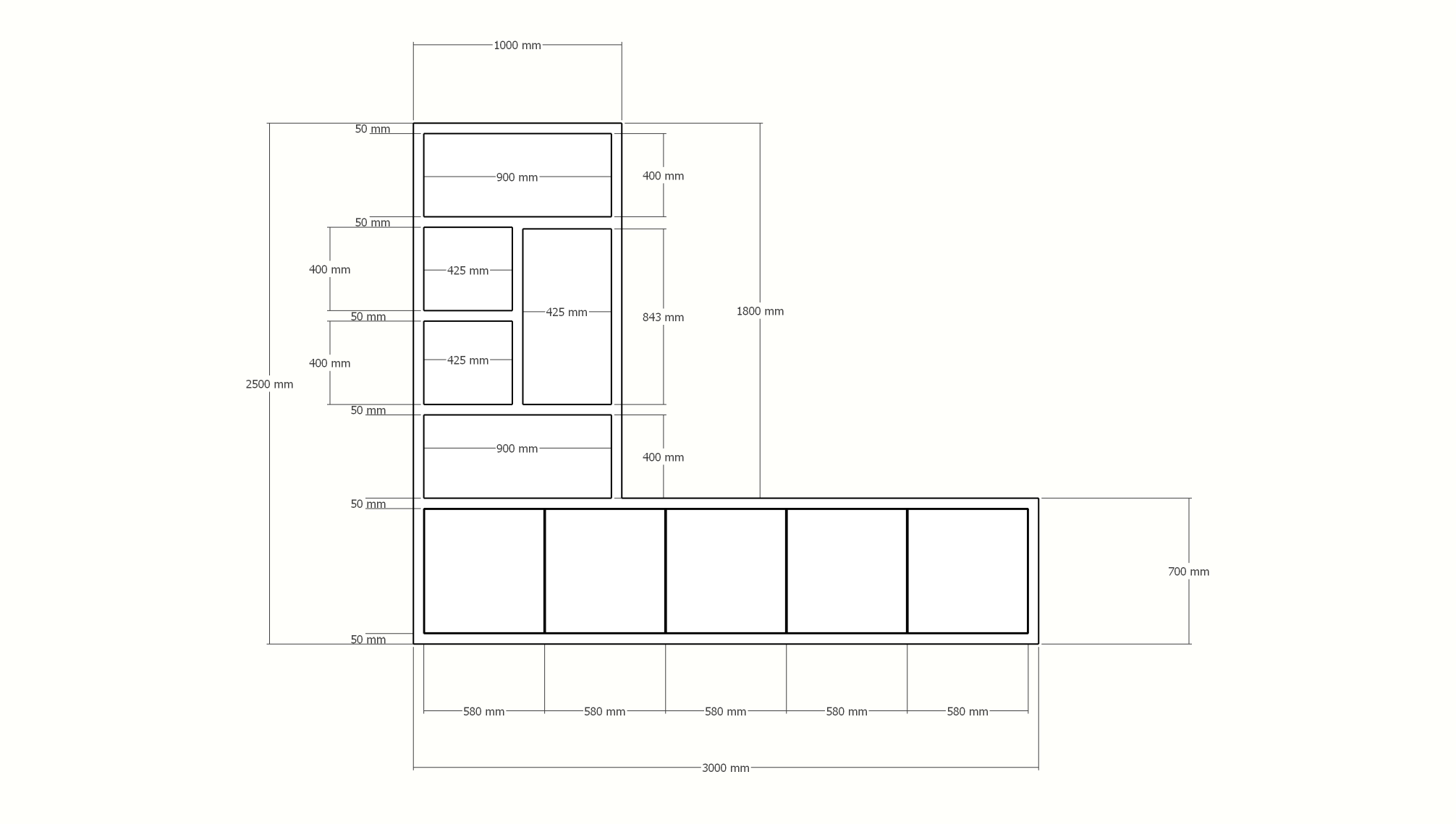 Utrah Fächerschrank - 300x40x250H cm - 5 push-to-open Türen