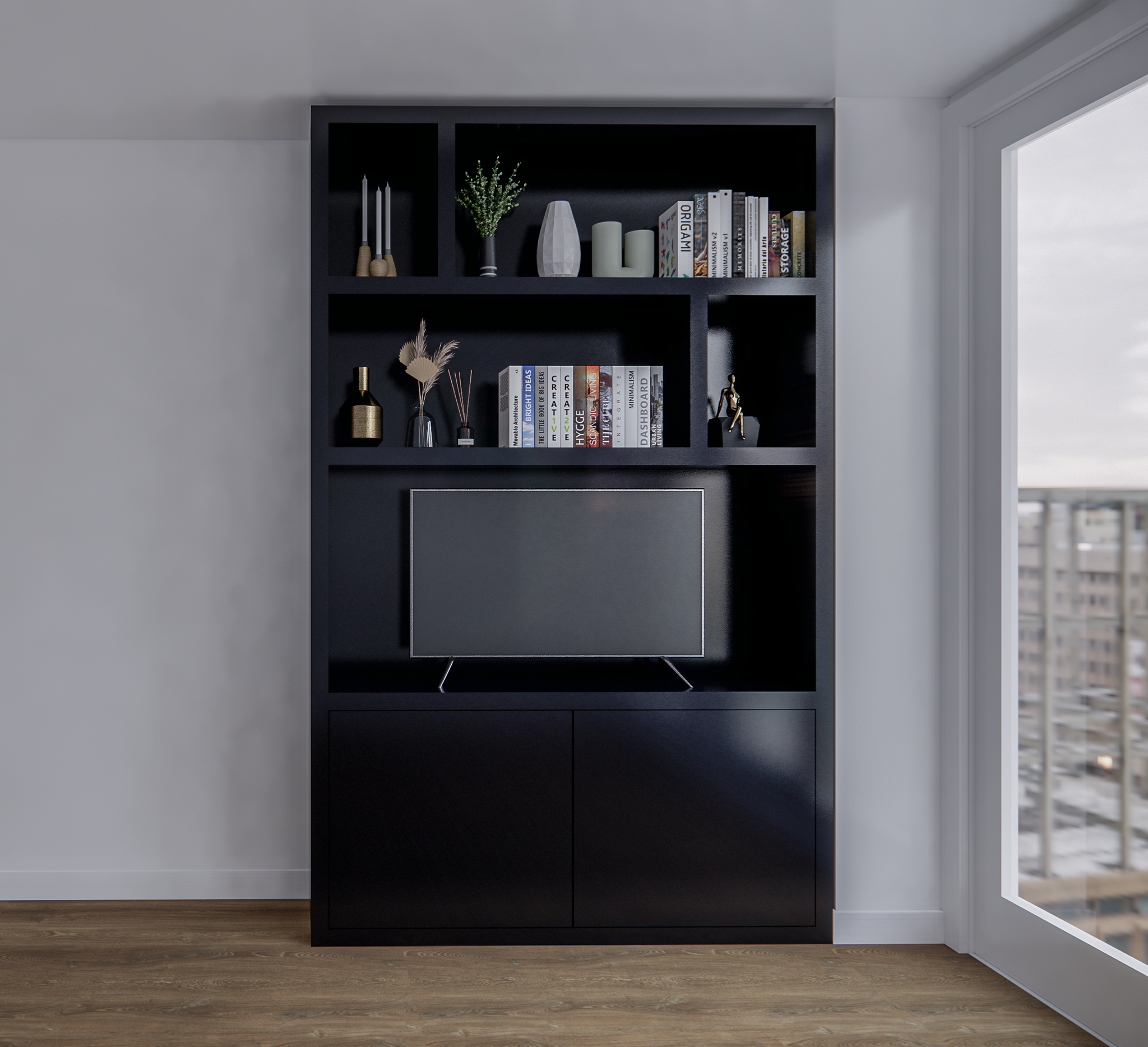 TV-Kleiderschrank Isla Bonita - 150x30x240H cm - Eiche - schlichtes Design - 2 grifflose Türen - TV-Fach - Cinewall - offene Einlegeböden - Eichenfurnier