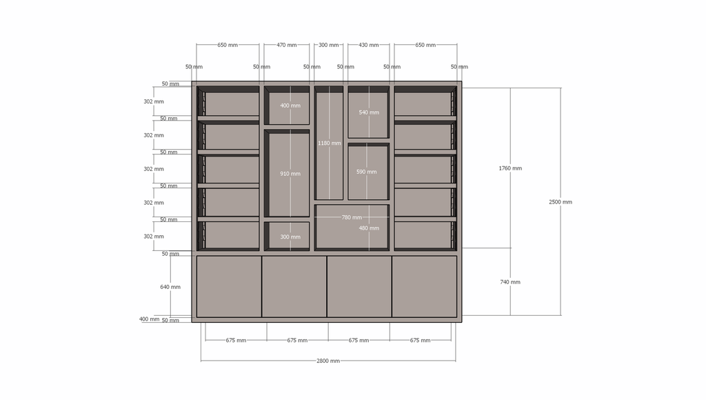 Mülltonnenschrank Bellac 02 - 280x40x250H cm - push-to-open Türen - offene Fächer - glatte Oberfläche