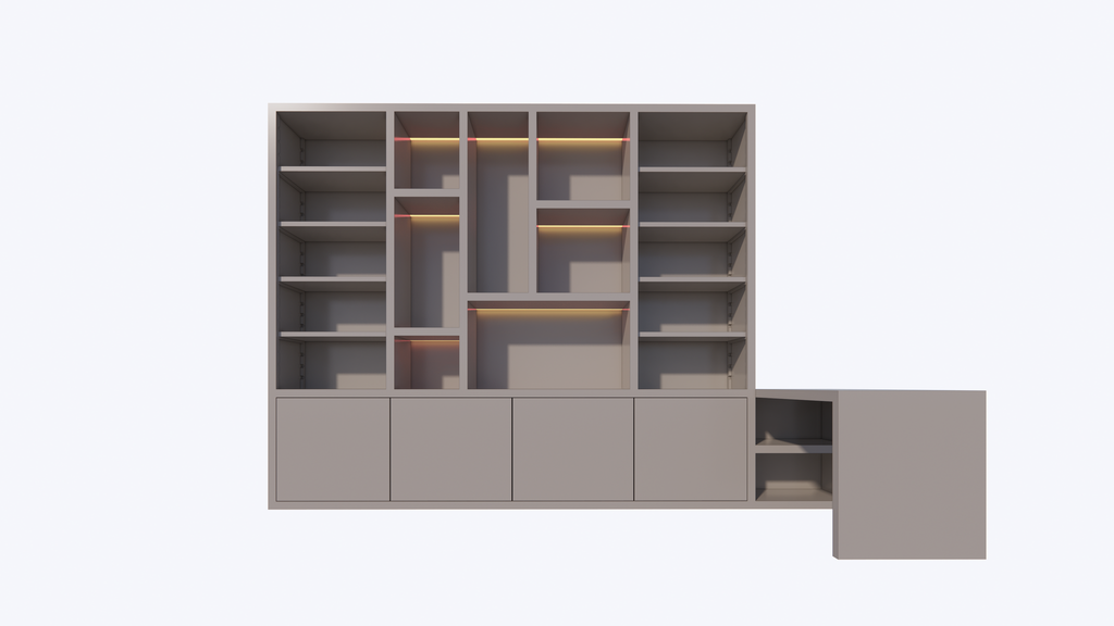 Bücherregal Bellac - 365x40x250H cm - Bücherregal/Schreibtisch - 5 cm Fachbodenstärke - verstellbare Fachböden im Regalteil