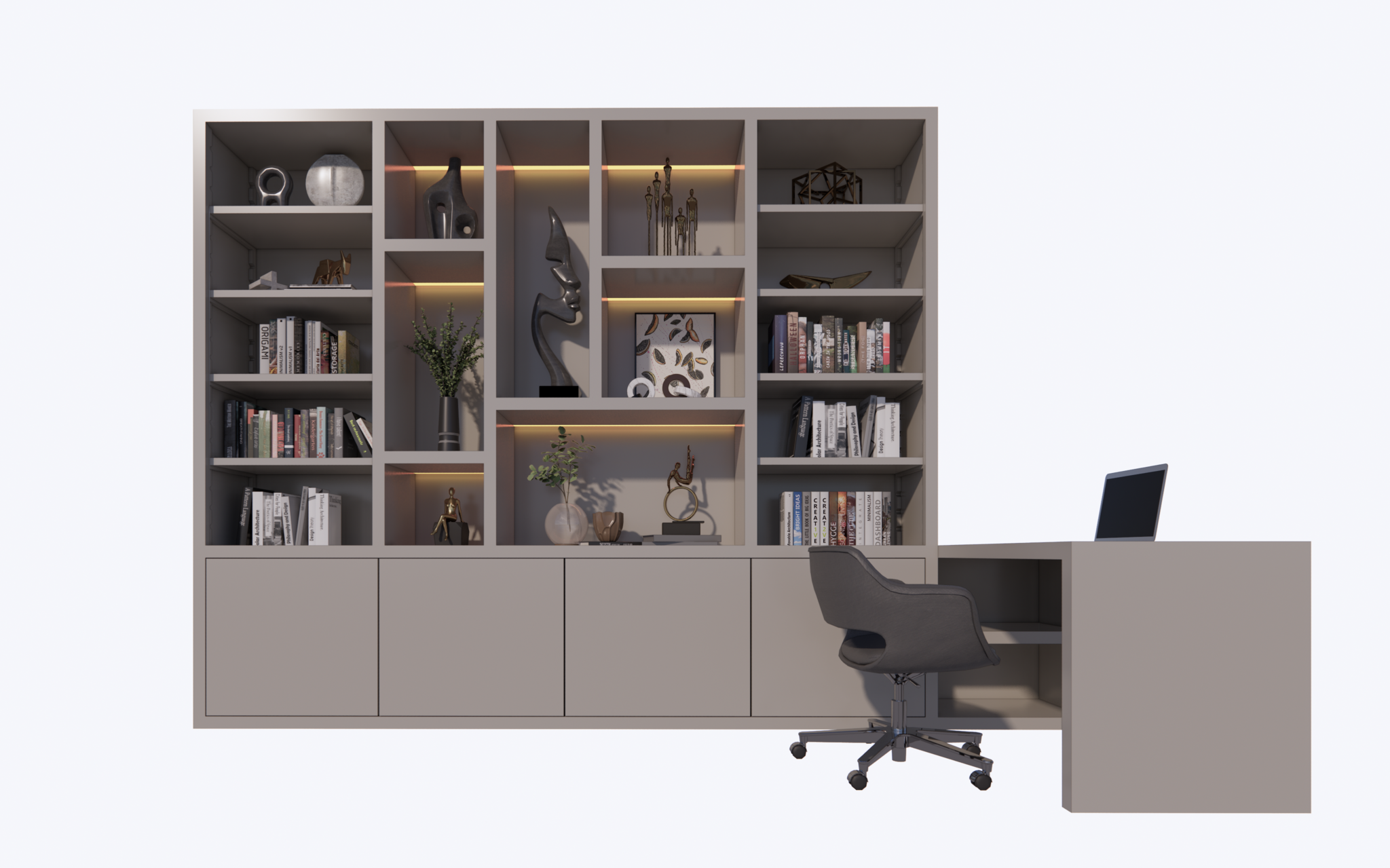 Bücherregal Bellac - 365x40x250H cm - Bücherregal/Schreibtisch - 5 cm Fachbodenstärke - verstellbare Fachböden im Regalteil