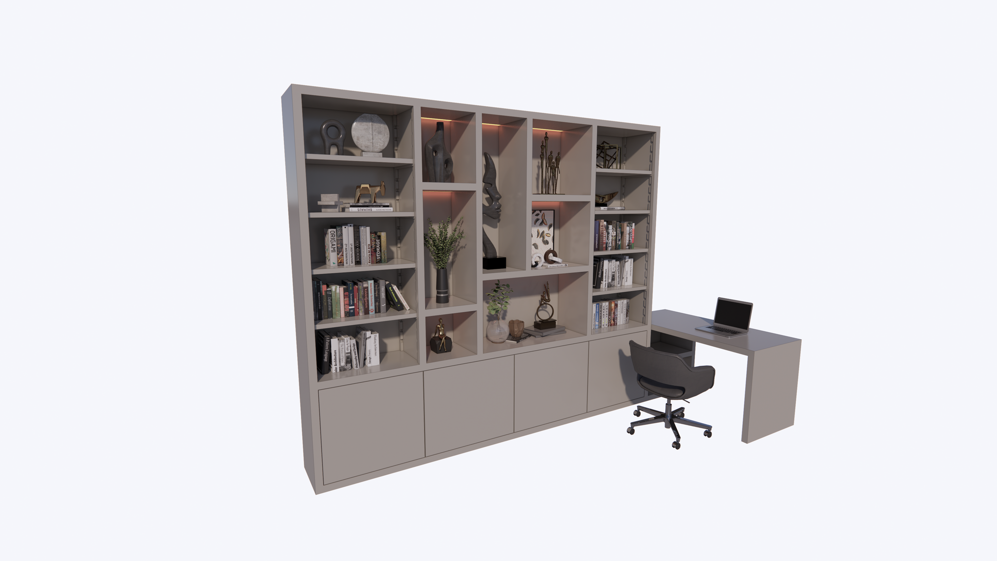 Bücherregal Bellac - 365x40x250H cm - Bücherregal/Schreibtisch - 5 cm Fachbodenstärke - verstellbare Fachböden im Regalteil