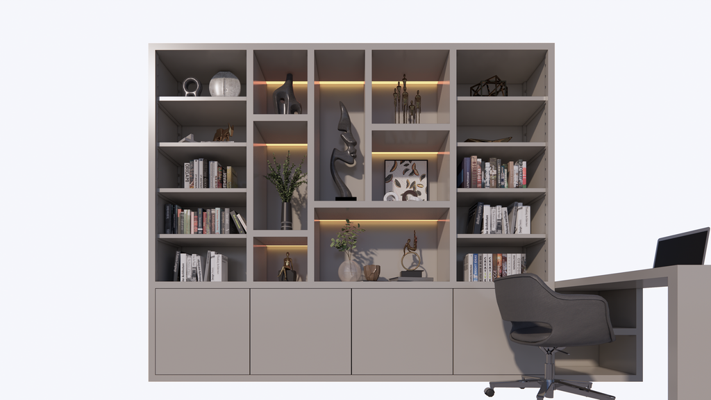 Bücherregal Bellac - 365x40x250H cm - Bücherregal/Schreibtisch - 5 cm Fachbodenstärke - verstellbare Fachböden im Regalteil