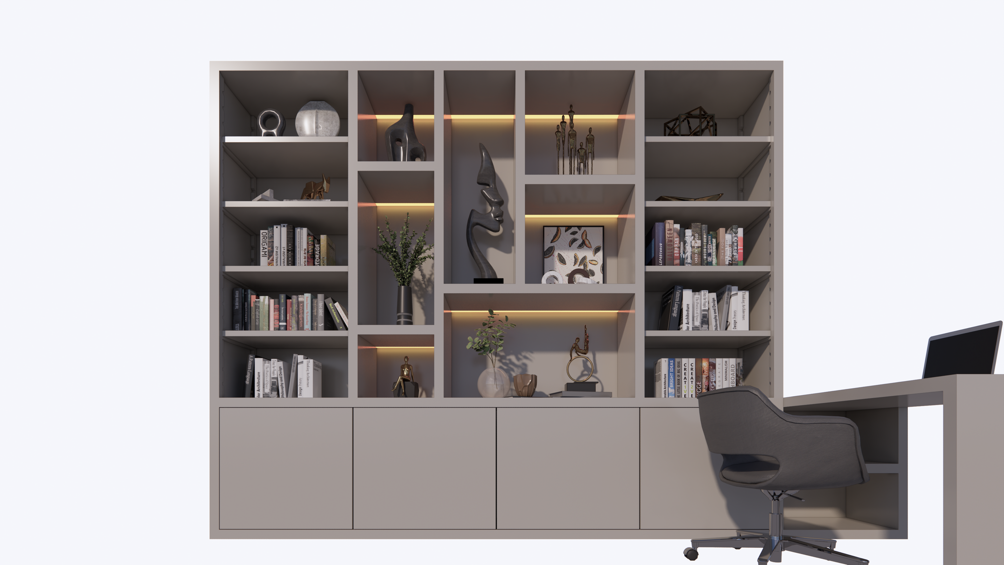 Bücherregal Bellac - 365x40x250H cm - Bücherregal/Schreibtisch - 5 cm Fachbodenstärke - verstellbare Fachböden im Regalteil